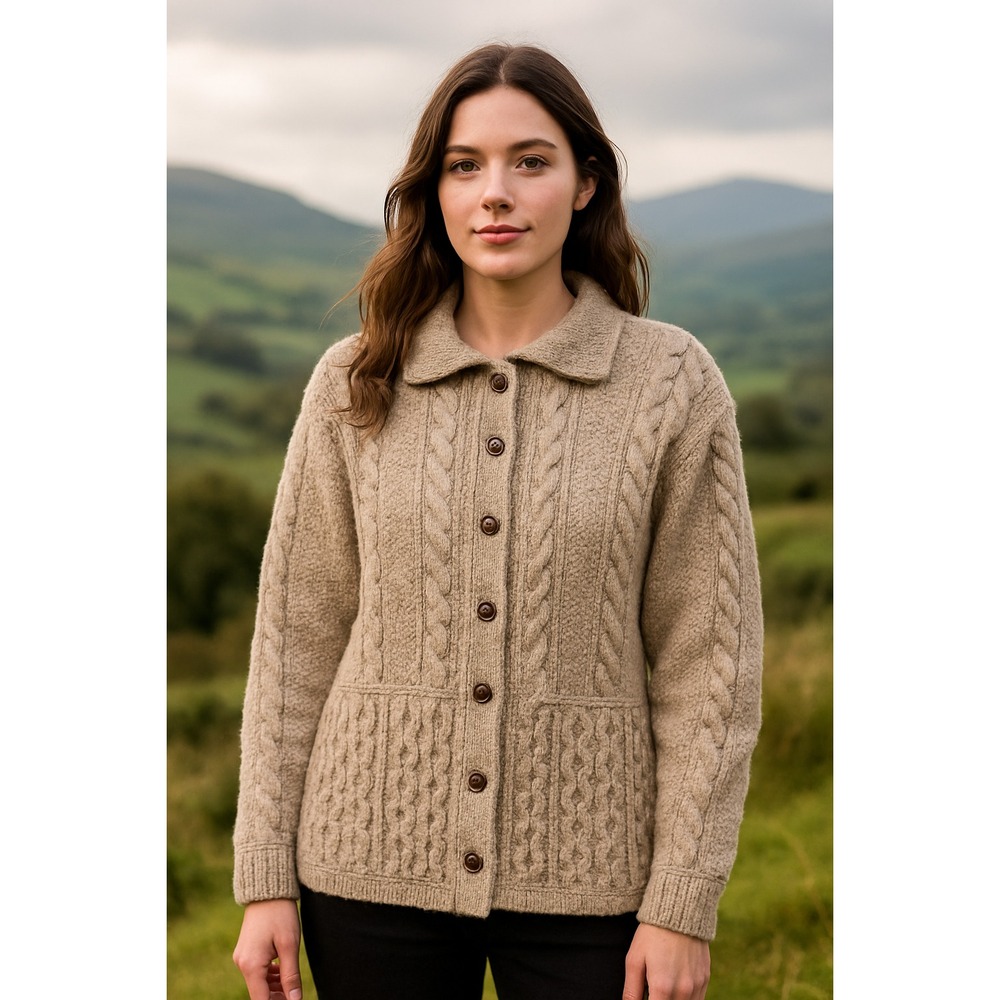 Cladyrnic Irish Knit Sweater Cardigan‎ SZ Large Heritage Oatmeal Hand Finished